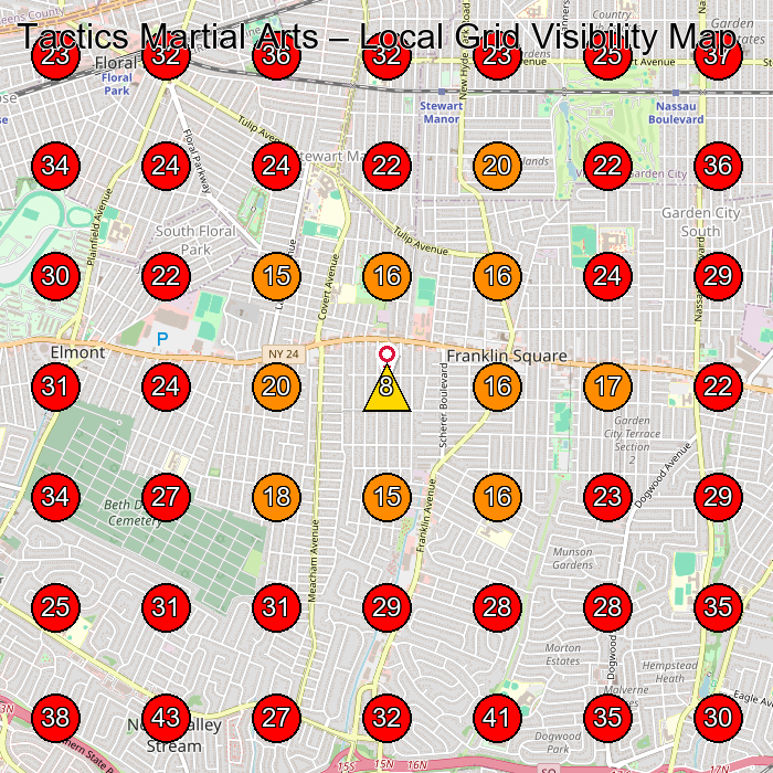 Tactics Martial Arts GeoGrid visibility map for Small Appliance Repair Service in Elmont